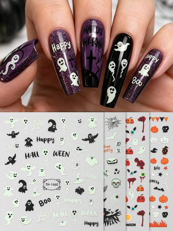 4PCS Halloween Luminous Nail Art Stickers,Ghost, Pumpkin, Skull, Eyeball, Bat, Blood Drip & Boo Self-Adhesive Nail Decals, Perfect For Women And Girls' Halloween Party And DIY Manicure.