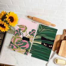 2PCS Kitchen Towels With Tropical Plants And Black Cat Pattern Print, 40*60cm Simple Style Rectangular Microfiber Kitchen Towels, Dish Cloths, Tablecloths, Hand Towels, Kitchen Decor, Housewarming Gifts For Neighbors, Perfect For Kitchen And Bathroom Use, Suitable For Housewives And Family Gatherings, High Cost-Performance, Home Essential - Multicolor - View 7