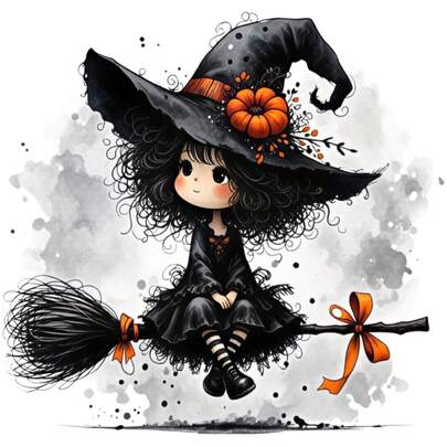 1/2/3pcs Watercolor Ink Splatter Curly Hair Lolita Little Witch Pumpkin Pointed Hat Broom Orange Bow Children's Halloween Heat Transfer Iron-On Patch Soft Cute Black White Orange Little Ghost DIY Iron-On Sticker Suitable For T-Shirt Hoodie Canvas Bag Pillow Hat