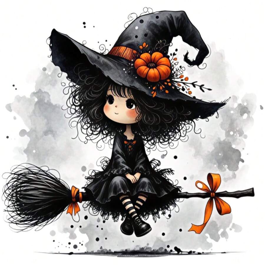 1/2/3pcs Watercolor Ink Splatter Curly Hair Lolita Little Witch Pumpkin Pointed Hat Broom Orange Bow Children's Halloween Heat Transfer Iron-On Patch Soft Cute Black White Orange Little Ghost DIY Iron-On Sticker Suitable For T-Shirt Hoodie Canvas Bag Pillow Hat - Multicolor - View 1