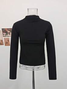Atasan Dalaman Lengan Panjang Leher Bulat Minimalis Premium Gaya Seksi Musim Gugur/Dingin, Pullover Fleece Nyaman untuk Wanita Warna Hitam Musim Gugur - Hitam - View 9