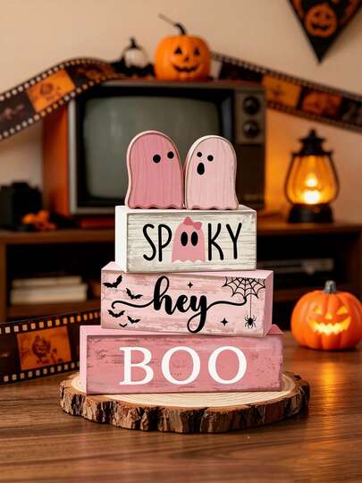 5pcs Pink Halloween Wooden Stackable Blocks Set, Cute Ghost "SPOOKY Hey BOO" Farmhouse Style Tiered Tray Decor, Macaron Color Wooden Desktop Ornament, Suitable For Fireplace Mantel, Bookshelf, Coffee Bar, Girly Halloween Home Decor