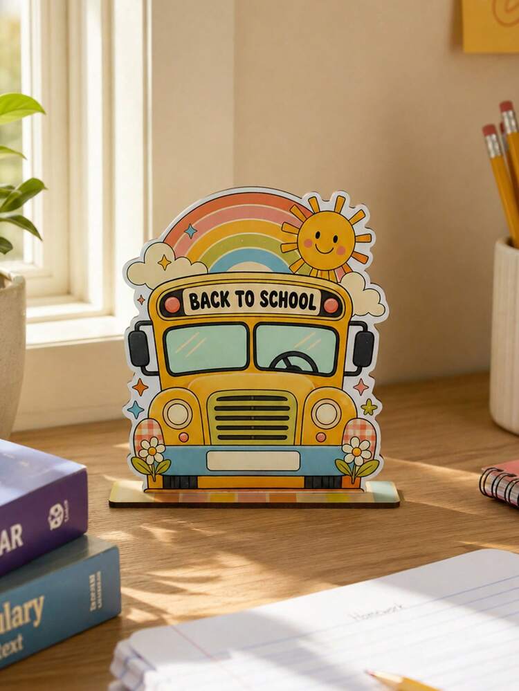 1pc Back To School Season Desktop Stand Up Rainbow Sun School Bus Printed Desktop Ornament Suitable For Classroom, Library, Activities, Parties, Indoor Desktop Display Decoration Gifts - E - View 3