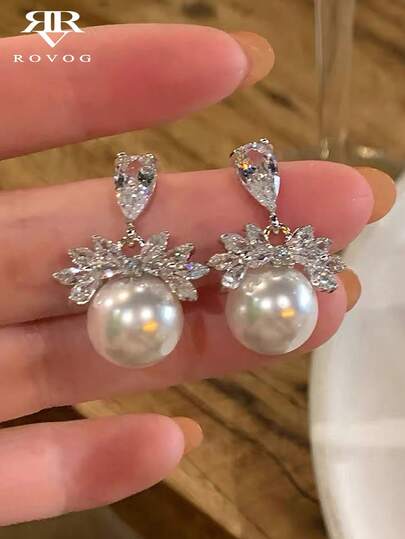 1 Pair Fashion Elegant Faux Pearl Full Rhinestone Glass Drop Earrings Suitable For Women's Daily Wear And Gatherings