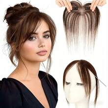 Real Human Hair Forehead Topper Clips In Hair Bangs With Temple Lace Base Hair Frontal Curtain Realistic & Breathable Hair Fringe Hand Knotted Lace Hair Pieces For Women - Multicolor - View 10