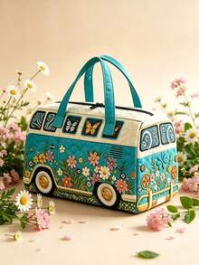 1pc Floral Bus Travel Storage Bag, Foldable Storage Bag, Multi-Functional Storage Bag, Butterfly Floral Bus Pattern Design, Simple And Fashionable. Large Capacity Handbag Style, Suitable For Outdoor, Travel, Gym, Dorm Storage, Holiday Gift, Travel Bag, Toiletry Bag, Makeup Bag, Travel Essential, Back To School, Halloween, Gift Essential, Home Storage Essential - Multicolor - View 9