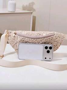 Women's Vintage Fashion Waist Bag, Underarm Bag, Spring/Summer New Casual One Shoulder Crossbody Small Bag, Straw Woven Bag, Fanny Pack, Purse - Beige - View 3