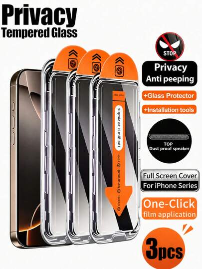 CASECOPS 3 Buah Pelindung Layar Kaca Tempered Privasi, Kompatibel dengan iPhone 17/16/15/14/13/12/11/XS Max/XR Semua Seri, Anti-Intip, Anti-Mata-mata, Pemasangan Mudah, Dengan Alat Pemasangan Otomatis dan Alat Penyelarasan Otomatis, Pemasangan Sekali Klik, Anti-Gores, Anti-Sidik Jari, Perlindungan Privasi, Pelindung Layar Ponsel, Hadiah Ulang Tahun, Cocok untuk Casing dan Aksesoris Ponsel