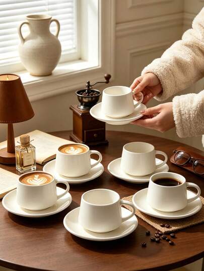 Set von 6 / Set von 1, 90ml konzentrierte Keramik-Kaffeetassen und Untertassen, Mikrowellen- und Spülmaschinenfest, geeignet zur Verwendung als Teetassen, Espressotassen oder arabische Kaffeetassen. Perfekt für Nachmittagstee, Cafés, Küche und Heimdekoration; ein ideales Geschenk.