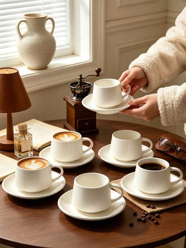Conjunto de 6 / Conjunto de 1, chávenas de café e pires de cerâmica concentrada de 90 ml, para micro-ondas e máquina de lavar louça, adequadas para chávenas de chá, chávenas de espresso ou chávenas de café árabe. Perfeito para chá da tarde, cafés, cozinha e decoração de casa; um presente ideal.