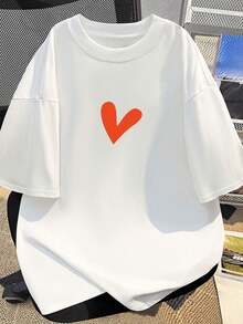 Women's White Summer T-Shirt With Round Neck And Simple Heart Graphic, Y2K Style, Versatile Casual Outfit For Spring And Summer - 白色 - 查看 2
