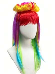 1 Pc Multi-Layer Rainbow Gradient Wig With Straight Bangs & Blooming Floral Silhouette, Vertical Color Transition. Perfect For Dark Punk Portrait Shooting, Neon Halloween Short Videos, Fantasy Monster Cosplay & Bright Tone Dark Outfit Matching - View 4