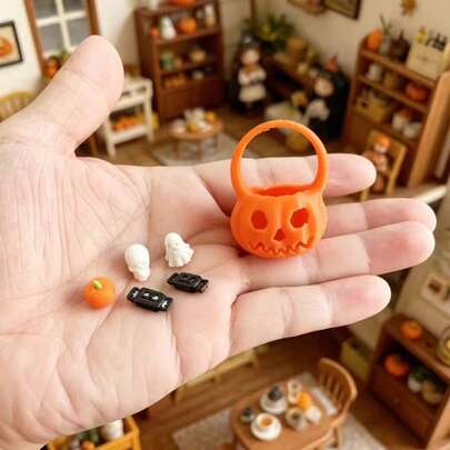 1 Set 6pcs Mini Halloween Props Set For Dollhouse, Mini Dollhouse Halloween Atmosphere Scene Decoration Ornaments Model Dollhouse Miniature Accessories, Small Ghost, Skeleton, Pumpkin, Coffin Ornaments, DIY Fairy Garden Scene Micro Landscape Decoration Props