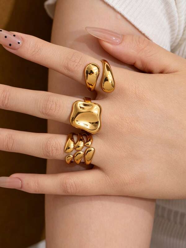 3pcs European & American Luxury Stainless Steel Gold Ring Set, Asymmetrical Polished Asymmetrical Concave-Convex Geometric Water Drop Wide Rings, Suitable For Daily, Holiday, Dating, Engagement, Wedding, Gift, Teacher's Day, Versatile