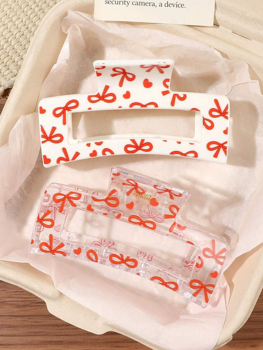 2入款復古紅白蝴蝶結印花方形髮夾,高頂丸子頭半紮馬尾夾,甜美簡約度假野餐髮飾 - 彩色 - 查看 1
