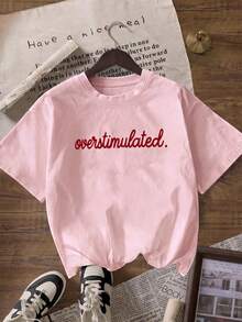 ZZG 夏季女款「Overstimulated.」字母圖案印花街頭通勤 Y2K 風格粉色圓領短袖 T-shirt 上衣 - 粉色 - 查看 2