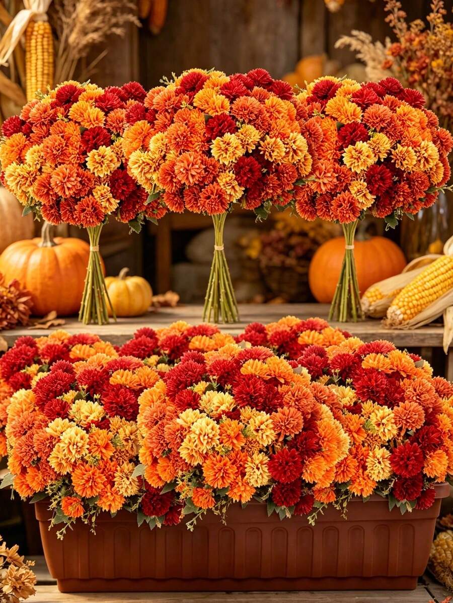 1/4pcs 6-Prong Spherical Artificial Chrysanthemum, For Room Decoration, Autumn Decoration, Thanksgiving, Halloween Decoration, Home Decor, Wedding, Porch, Farmhouse Style, DIY Autumn Decoration, Artificial Plants, Office, Living Room Decoration, Tabletop Decoration, Fake Flowers, Artificial Flower, Fake Plant, Fall Decor, Gifts For Women, Birthday Gift. - Multicolor - View 1