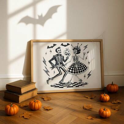 1pc Frameless Black & White Halloween Dancing Skeleton Couple Wall Art Print, Spooky Decor For Dorm, Bedroom, Party Gift