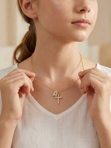 1pc Gold Tone Letter A -Z And Cross Pendant Necklace For Girls Sparkly Rhinestone Holiday Party Vacation Daily Wear Celebration Jewelry Gift - Gold - View 1