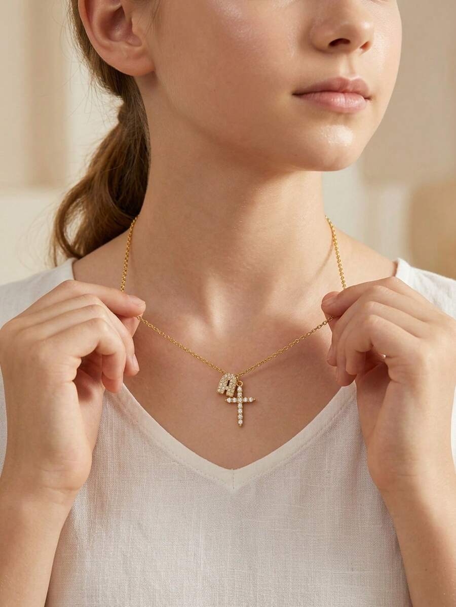 1pc Gold Tone Letter A -Z And Cross Pendant Necklace For Girls Sparkly Rhinestone Holiday Party Vacation Daily Wear Celebration Jewelry Gift - Gold - View 1