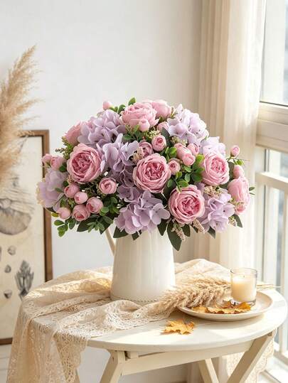 1 Pc Artificial Peony And Hydrangea Bouquet, Perfect For Home, Kitchen, Autumn, Outdoor, Table, And Wedding Decorations, Plus Great As A Gift For Women Or For Back-To-School And Halloween Decorations