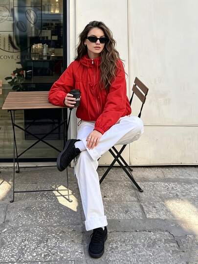Áo khoác nylon nữ mùa hè màu đỏ thanh lịch, thời trang thường ngày có khóa kéo và dây rút, phù hợp cho tiệc bãi biển