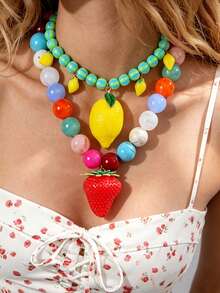 1pc Bohemian Style Y2K Creative Fashion Elegant Exquisite Glamorous Personalized Exaggerated Cute Fruit Series High-Quality Dopamine Color Resin Beaded 3D Strawberry/Lemon Pendant Necklace For Women Sisters Couples Prom/Graduation Jewelry Gift, Suitable For Daily Wear, Dating, Wedding, Party, Holiday, Summer Beach Vacation - necklace - View 2
