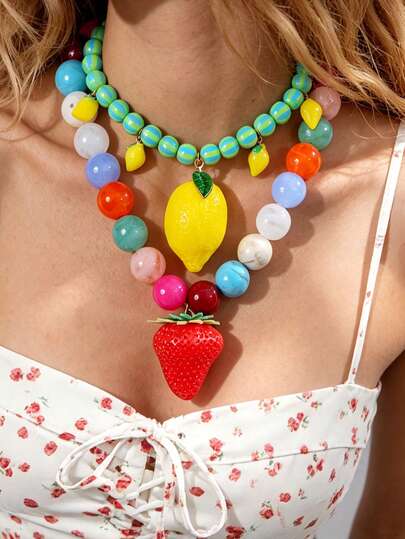 1pc Bohemian Style Y2K Creative Fashion Elegant Exquisite Glamorous Personalized Exaggerated Cute Fruit Series High-Quality Dopamine Color Resin Beaded 3D Strawberry/Lemon Pendant Necklace For Women Sisters Couples Prom/Graduation Jewelry Gift, Suitable For Daily Wear, Dating, Wedding, Party, Holiday, Summer Beach Vacation