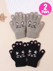2 Pairs Kids Cute Cartoon Cat Print Knitted Full Finger Gloves, Soft Warm Winter Gloves, Elastic Ribbed Cuff Hand Protection, Suitable For Girls Outdoor Daily Wear - 2Pairs - View 12