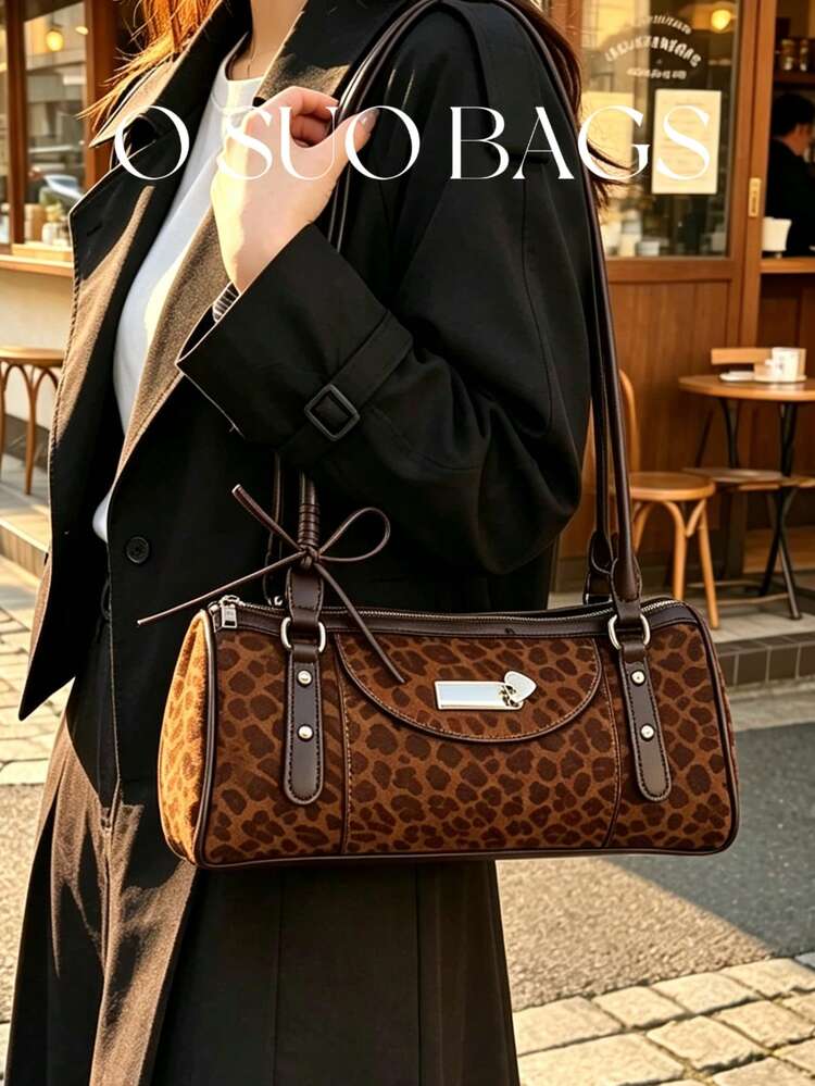 2026 Autumn/Winter New Leopard Print Double Handle Shoulder Underarm Bag, Large Capacity With Bow Tie Decoration, Cute Sweet Baguette Bag, Fashion Patchwork Style With Heart Pendant, Perfect For Daily Use, Shopping, Street Shopping And Dating Occasions - Multicolor - View 2