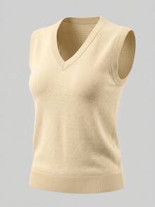 Women's V-Neck Knitted Vest, Sleeveless Ribbed Hem Soft Fabric Autumn Casual Loose Basic Sweater Vest Top - Beige - View 4