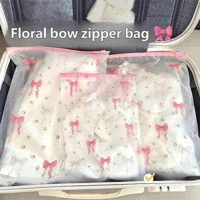 9pcs Transparent Floral Bow Zipper Storage Bags, 3 Sizes Assorted, Durable PEVA Material, Waterproof Clothing, Underwear, Toiletries, Cosmetics Storage Cubes, Essential For Travel And Home Organization, Suitable For Suitcase, Closet, Drawer, Under Bed Storage