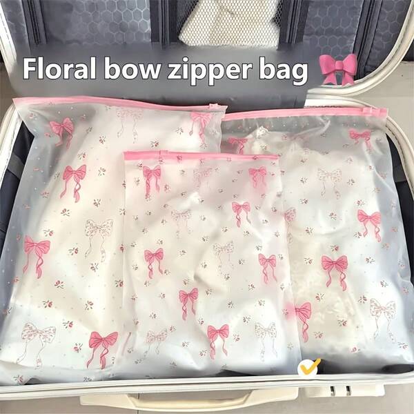 9pcs Transparent Floral Bow Zipper Storage Bags, 3 Sizes Assorted, Durable PEVA Material, Waterproof Clothing, Underwear, Toiletries, Cosmetics Storage Cubes, Essential For Travel And Home Organization, Suitable For Suitcase, Closet, Drawer, Under Bed Storage
