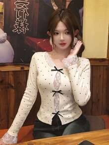 女款杏色蕾絲拼接波點圖案鏤空設計針織毛衣，蝴蝶結長袖套頭衫，秋冬季 - 杏色 - 查看 2