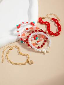 6pcs/Set Red Soft Clay Strawberry Pearl Bow Bracelet - Style 1 - View 2
