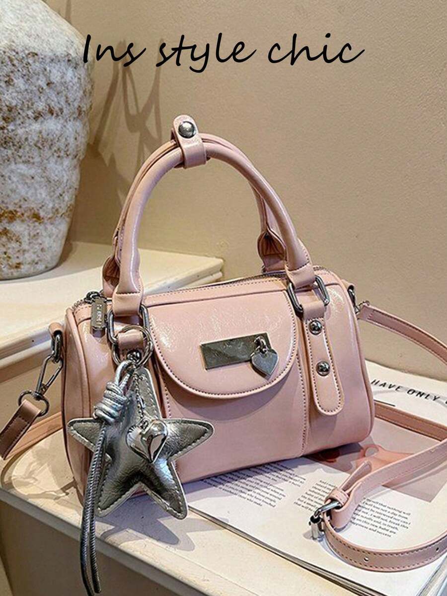 Silver Star & Heart Nameplate Rivet Decor Pink Handheld & Crossbody 2-In-1 Storage Bag, Double Zipper Closure, Y2K Sweet & Cool Style Boston Mini Bag, Versatile Pink Shoulder Handbag For Girls - Pink - View 1