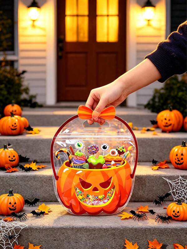 20Pcs Halloween Transparent Handheld Gift Bags, Pumpkin Witch Cauldron Trick Or Treat Candy Bags, Reusable Zipper Treat Pouches, Halloween Party Favor Bags For Cookies Dessert, Home Table Decorations