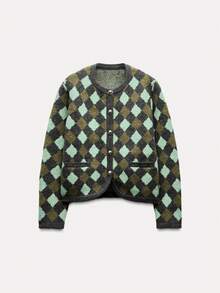 Senya 2026 Women's Diamond Pattern Knit Cardigan, Green-Grey Round Neck Button Sweater, With Pockets, College Style Vintage Comfortable Long Sleeve Autumn/Winter Top - Army Green - View 5