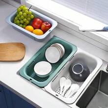 An Integrated And Extendable Water Basin Draining Basket, Suitable For Use In The Kitchen. It Can Be Folded And Retracted, Making It Convenient For Storage And Cleaning. - Collapsible Drain Basket/50*20CM/Color Random - View 5