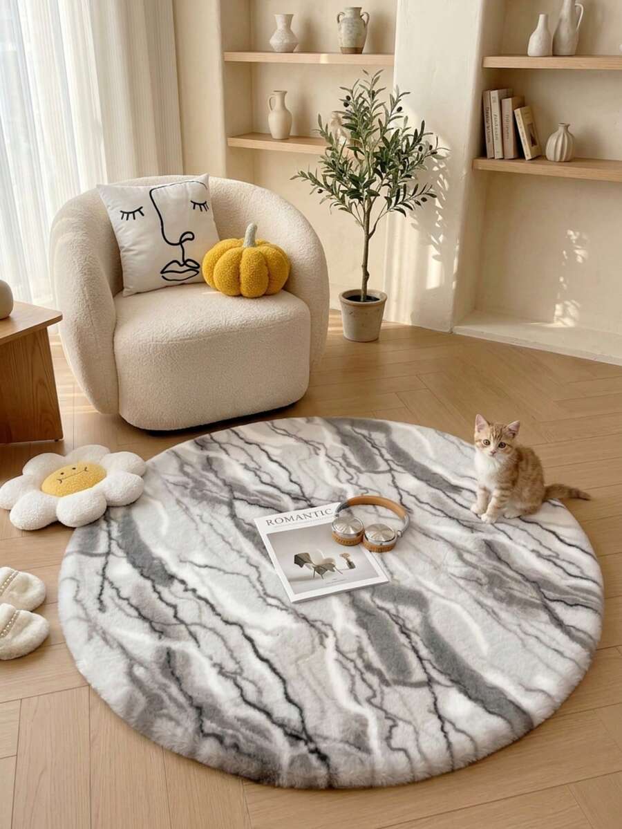 1pc Marble Pattern Round Faux Rabbit Fur Decorative Rug, Fluffy Soft Touch, Smooth And Comfortable, Fashionable Personalized Home Decor, Skin-Friendly Material, Non-Slip Bottom, Low Shedding, Easy Care And Machine Washable, Suitable For Bedroom, Living Room, Hallway, Study, Dressing Room, Closet, Bedroom Rug, Study Rug, Living Room Rug, Welcome Mat, Office Decorative Rug, Area Rug, Bedside Rug, Sofa Rug, Coffee Table Rug, Tea Table Mat, Floor Mat, Holiday Decorative Rug, Home Decor Essential, All Seasons - Multicolor - View 1