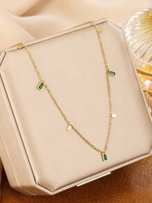 Japanese & Korean Style Water Drop Square Lightweight Luxury Niche Design Versatile Stainless Steel Personalized Collarbone Chain Elegant Fade-Resistant - Golden 1 - View 1