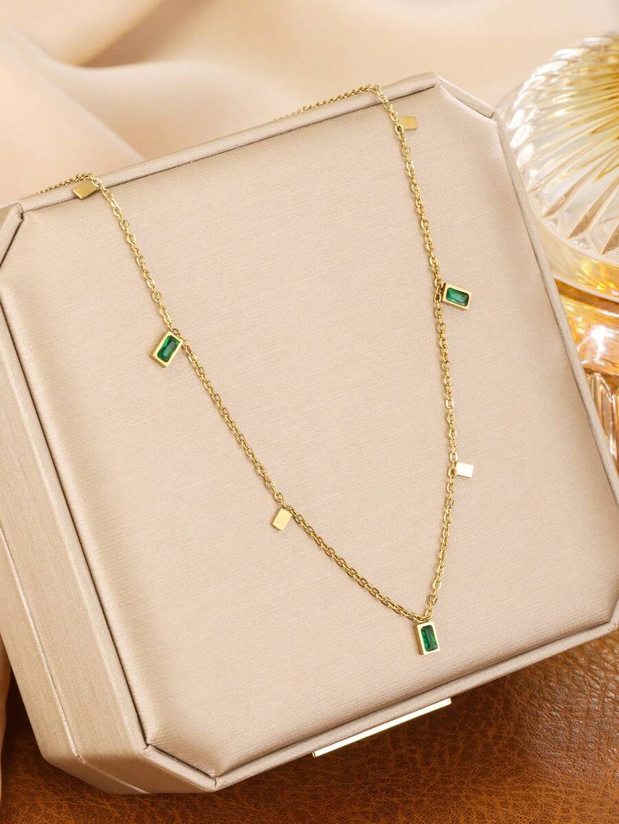 Japanese & Korean Style Water Drop Square Lightweight Luxury Niche Design Versatile Stainless Steel Personalized Collarbone Chain Elegant Fade-Resistant - Golden 1 - View 1