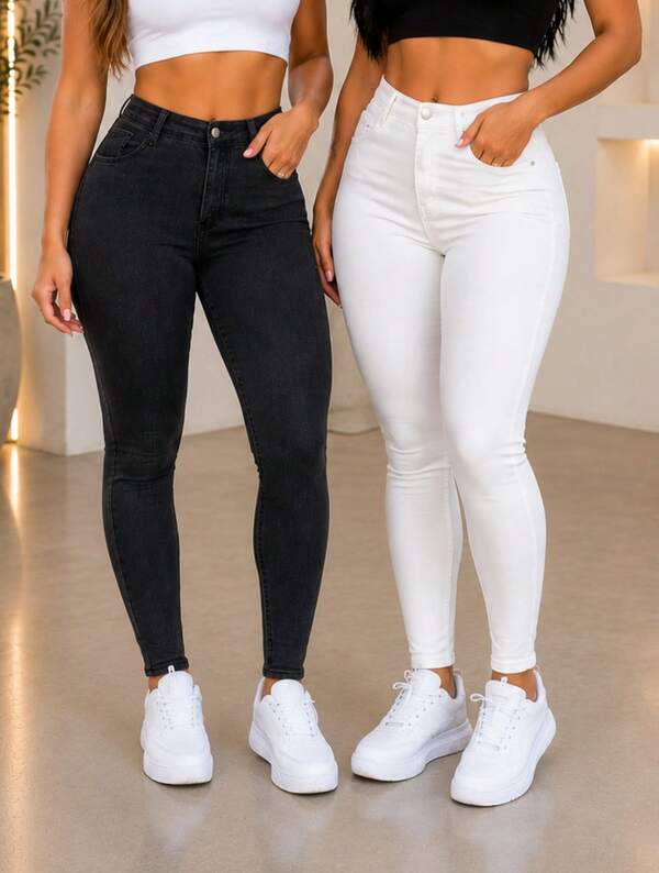 Kit 2 Calças Jeans Femininas Skinny Cintura Alta Levanta Bumbum Premium Branca + Preta com Elastano