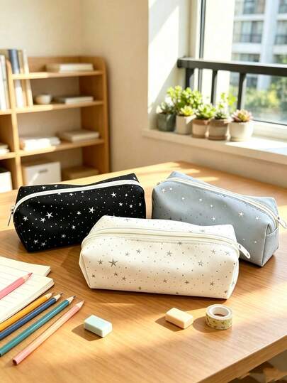 1pc/7pcs Back To School Star Print Pencil Case, Korean Aesthetic Large Capacity Zipper Pencil Pouch, Soft Fabric Cute Stationery Storage Bag, Suitable For Teenage Girls Students, Portable Classroom School Supplies