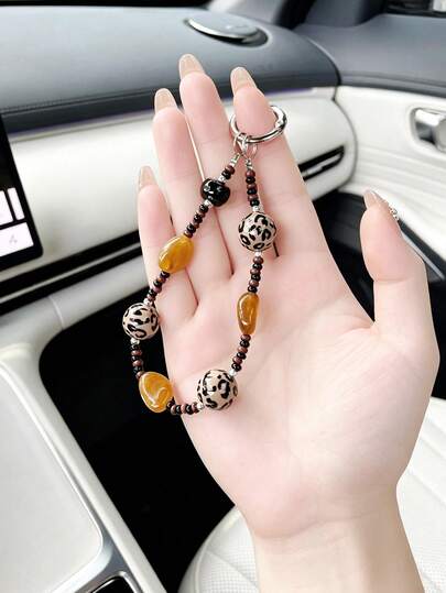 Creative Leopard Print Beaded Keychain Pendant, Car Key Chain Charm, Fashionable Key Accessory, Bag Charm Pendant