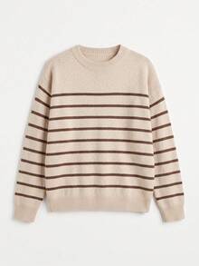 Women's Round Neck Striped Knit Sweater, Dropped Shoulder Long Sleeve Ribbed Hem, Soft Fabric, Autumn Casual Loose Oversized Pullover - Apricot - View 5