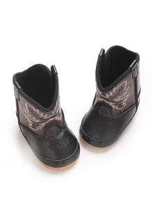 American Maple Leaf Embroidered Denim Infant Ankle Boots, Unisex Infant Autumn/Winter Vintage Patchwork Soft Sole Outdoor Walking Shoes - Black - View 6