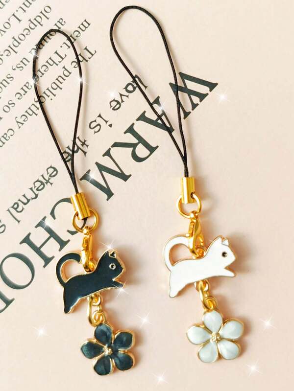 Pingente de Gato Fofo, Pingente de Telefone de Gato Preto e Branco, Acessório de Telefone Destacável com Design de Sakura, Adequado para Presentes de Aniversário, Decoração de Bolsa, Etc.