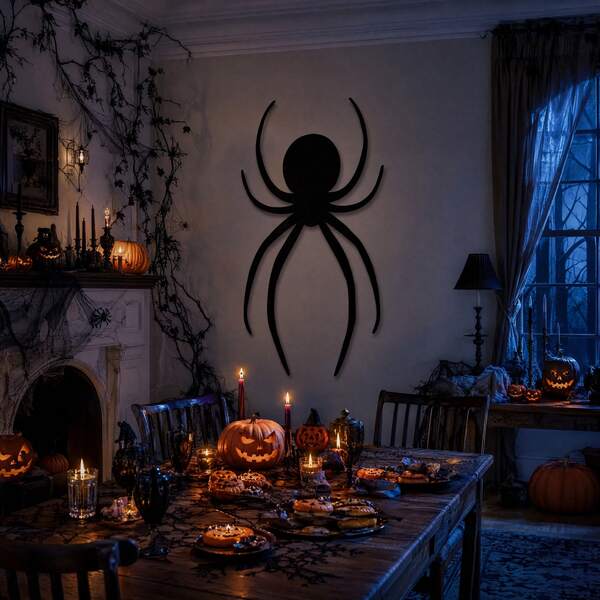 1pc Giant Black Spider Silhouette Halloween Door Flag With Double-Sided Adhesive, Scary Spider Hollow Wall Hanging Backdrop, Party Supplies, Wall Decor, Room Decor, Outdoor Decor, Thrilling Halloween Theme Front Door Home Wall Decoration