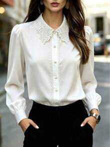Women's Solid Color Button-Front Shirt, Lace Collar Embroidered Long Sleeve Blouse, Suitable For Business, Office, Home, Vacation, Holiday, Spring, Summer, Autumn, Winter - White - View 4